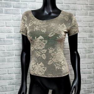 Vintage 90s Cache Womens S Gold Rose Floral Stretchy‎ Crop Top Short Sleeve